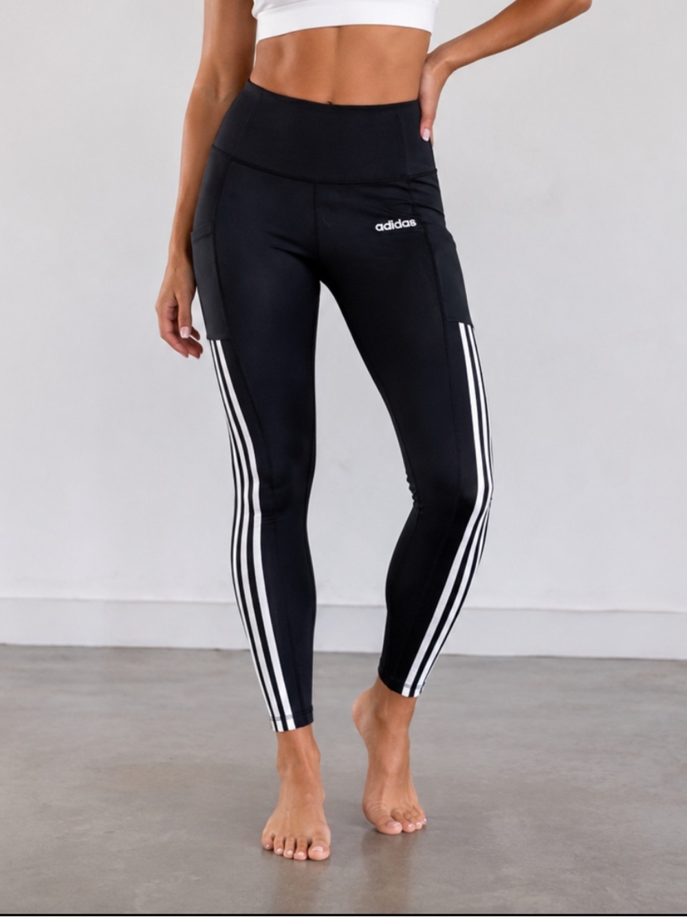 adidas Black High-Rise Training Leggings with White Side Stripes